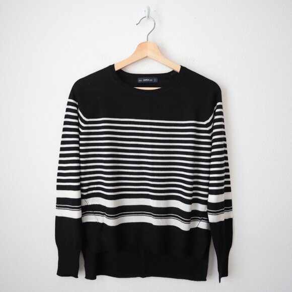 Zara Sweaters - Zara Black and White Striped Crewneck Sweater